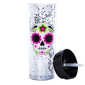 Sugar Skull Glitter Tumbler with Straw